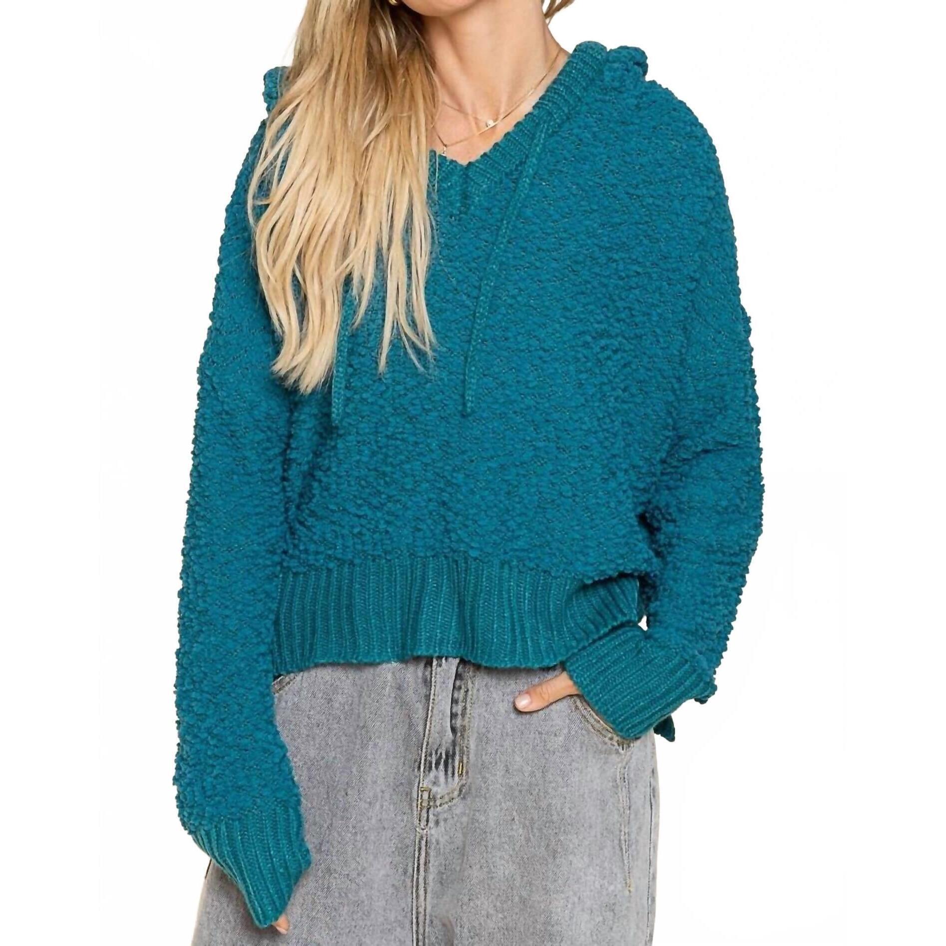 New Pol Textured Knit Hoodie In Teal